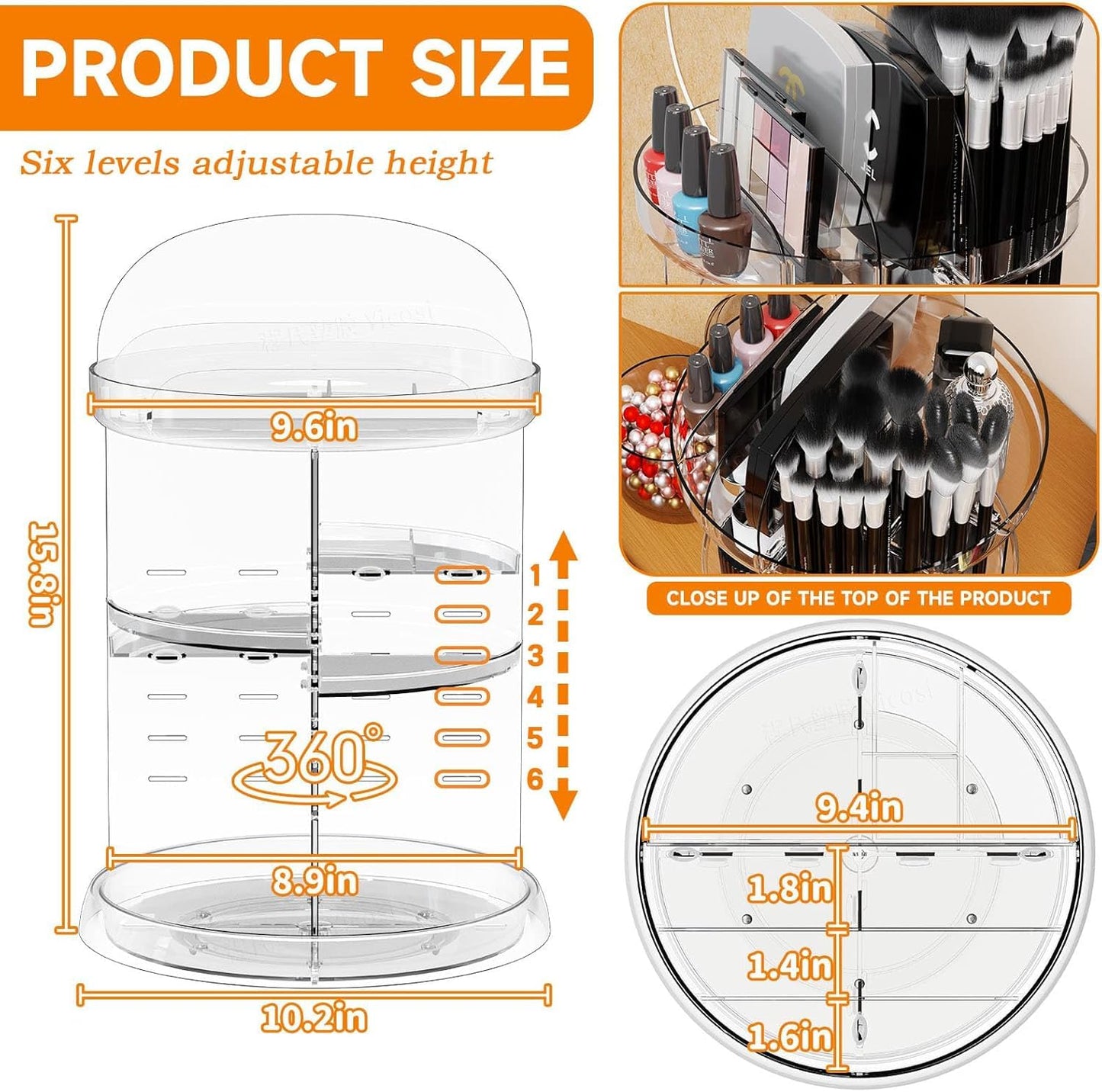 Yieach 360 Rotating Makeup Organizer for Vanity,Bathroom counter,Adjustable Spinning Skincare Organizers,Cosmetic Display Cases and Makeup Holder for Palette,Eyeshadow,Brush,Perfume Organizer,Clear