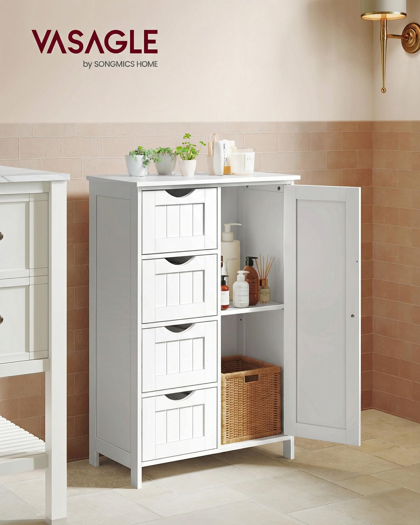 VASAGLE Storage Cabinet with Drawers, Freestanding Floor Cabinet with Door, 11.8 x 21.7 x 32.3 Inches, Adjustable Shelf, for Bathroom, Living Room, Kitchen, Cloud White ULHC041WH01S