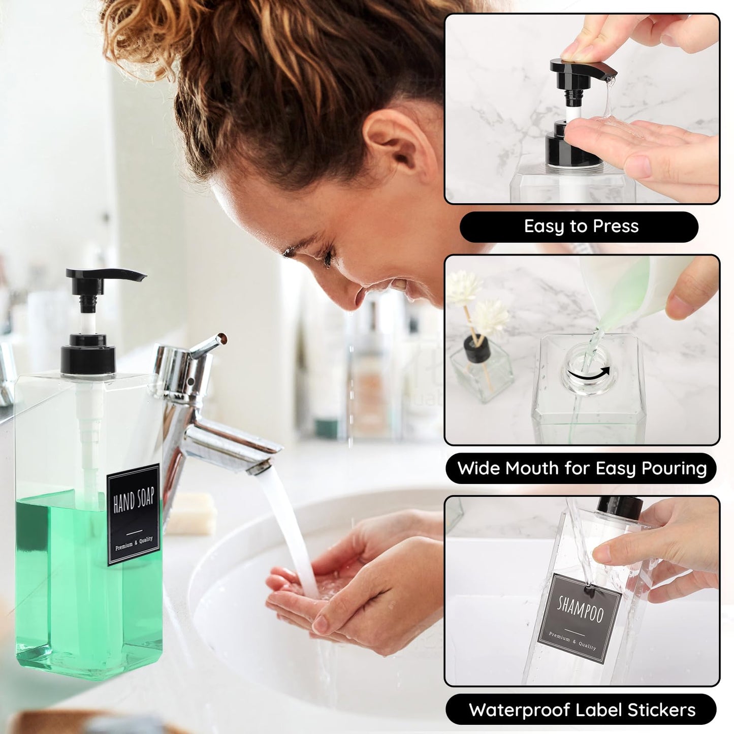 Segbeauty 33.8oz Plastic Soap Dispenser Bathroom, 2pcs Large Capacity Shampoo and Conditioner Dispenser, Square 1000ml Hand Soap Bottle Refillable, Clear Empty Pump Bottles with Waterproof Labels