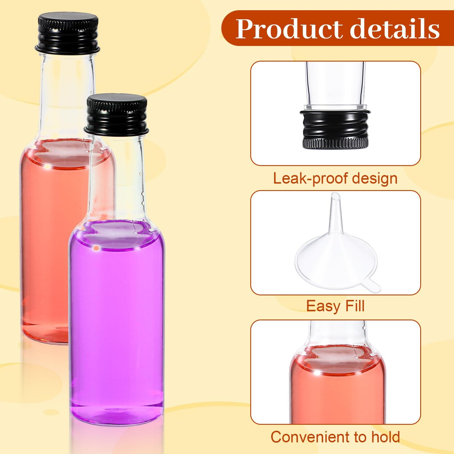100 Pcs Mini Liquor Bottles, 50ml/1.7 oz Plastic Mini Salad Dressing Bottle with 4 Funnels, Small Alcohol Holders with Cap Wine Hot Sauce for Weddings Party Supplies (Black)