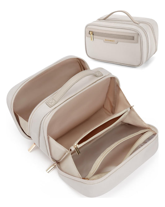 BAGSMART Travel Makeup Bag Large Capacity Cosmetic Bag, Wide-open Portable Make Up Bag Organizer for Women for Travel Essentials Travel-Size Toiletries Accessories Bottles, Brushes (Warm Gray)