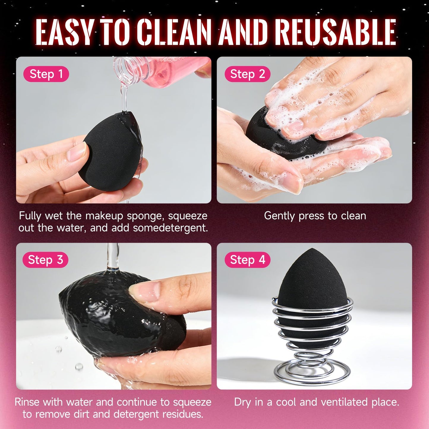 30 Pcs Makeup Sponge Set (15 Pink+15 Black) Individually Wrapped, Latex-Free Soft Low Absorption Sponges, Washable Reusable Wet Dry Use for Flawless Liquid Cream Powder Makeup