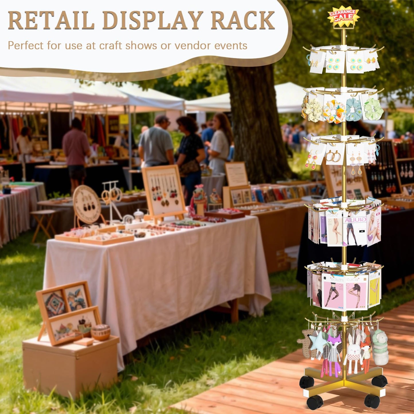 Exttlliy Retail Display Stand Store Display Rack 6 Tier Metal Spinning Display Stand Rack with Wheels Keychain Jewelry Stocking Hat Stand with Hooks for Malls, Showroom, Retail Store (6 Tier Gold)