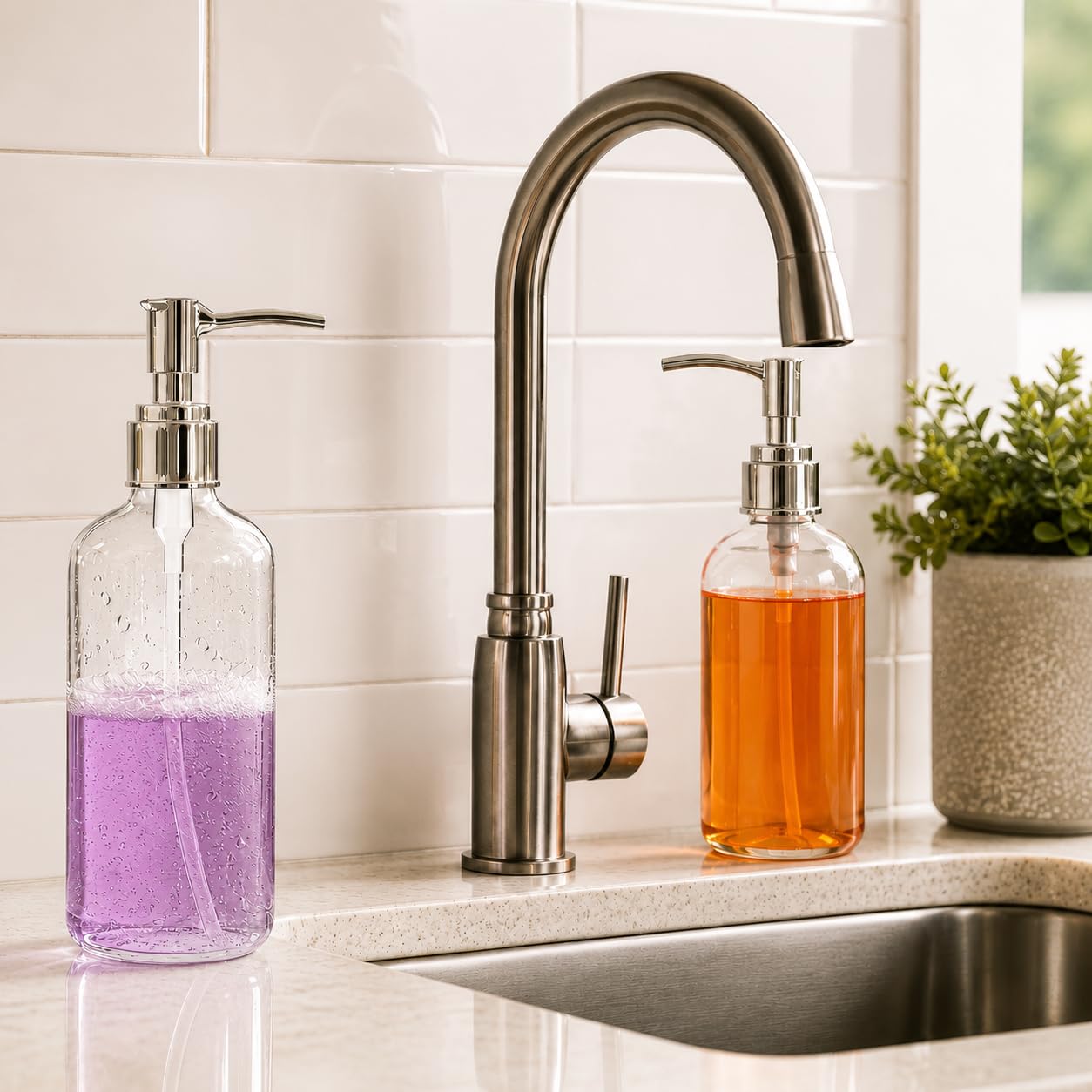 Refillable Clear Soap Dispenser Bottles with Pump, 16 oz (3 Pack) | BPA-Free Plastic Boston Round Containers for Hand Soap, Lotion, Shampoo, Kitchen & Bath