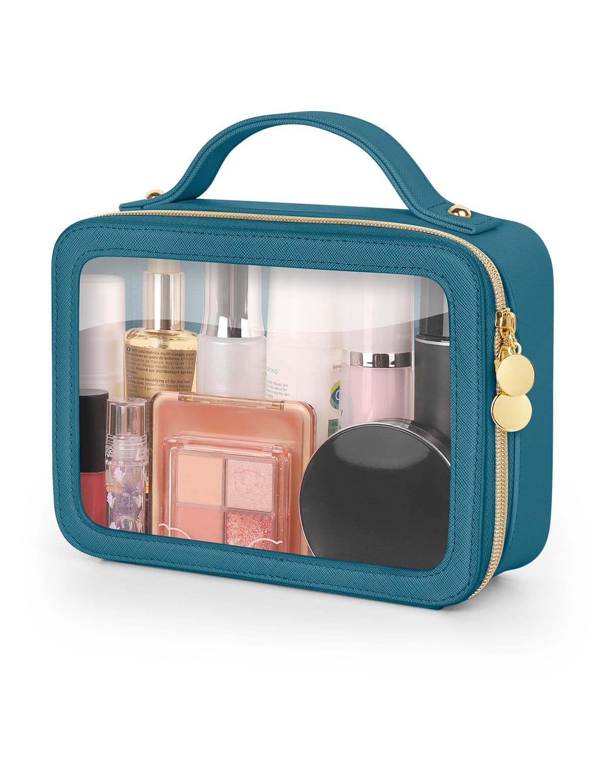 Soimeat Clear Makeup Bag, Portable Travel Cosmetic Bags, Multipurpose Leather Toiletry Bag with Zipper, Waterproof Transparent Cosmetic Organizer for Women, Medium, Blue