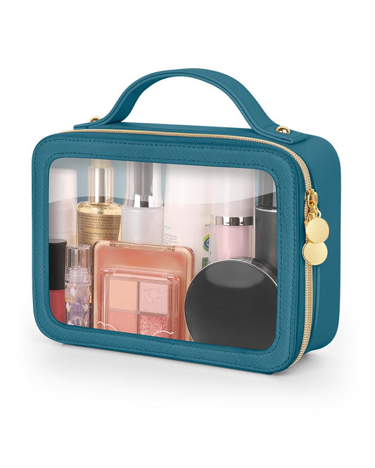 Soimeat Clear Makeup Bag, Portable Travel Cosmetic Bags, Multipurpose Leather Toiletry Bag with Zipper, Waterproof Transparent Cosmetic Organizer for Women, Medium, Blue