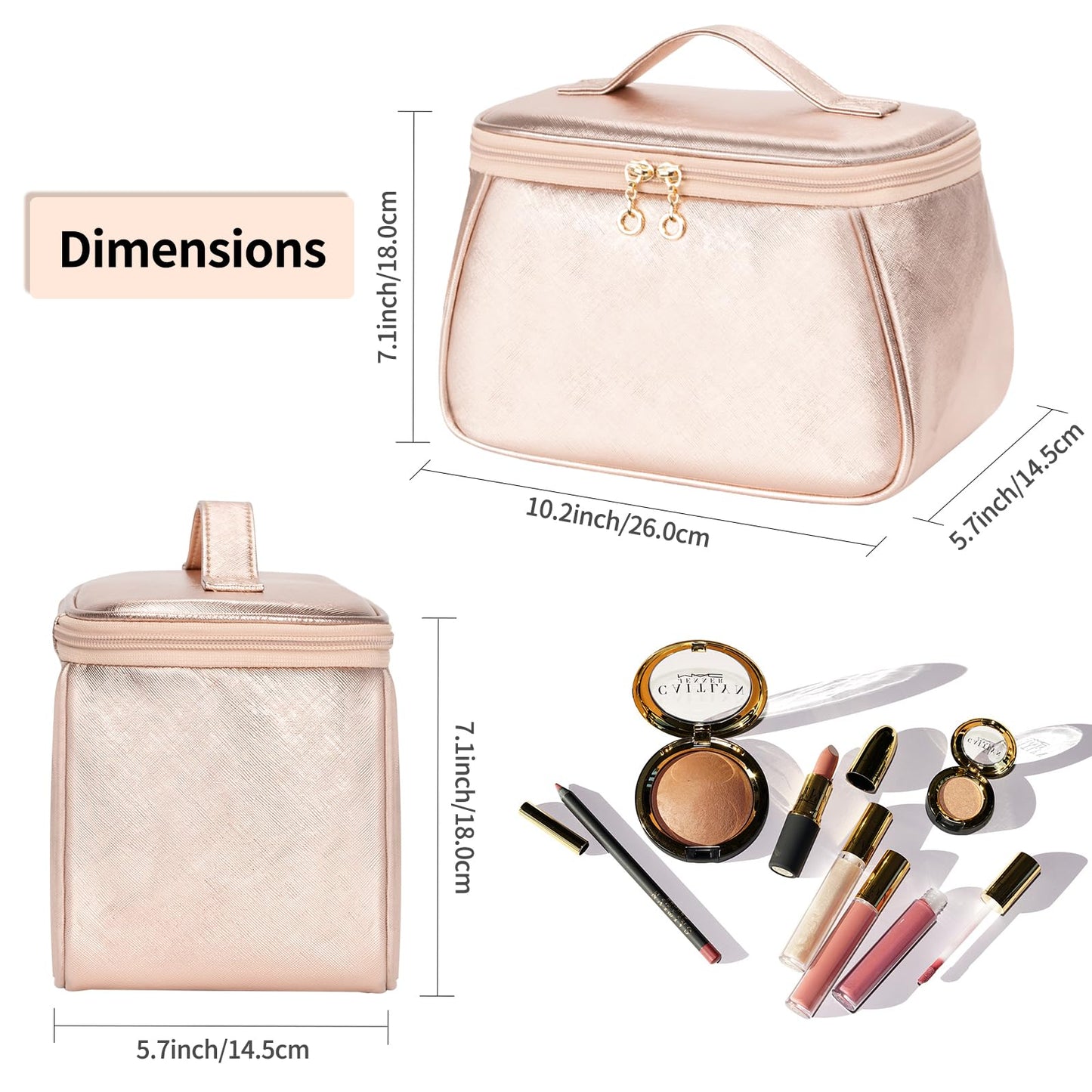 OCHEAL Large Makeup Bag, Makeup Bag Organizer Cosmetic Bags for Women Travel Travel Toiletry Bag Make Up Bag with Divider and Handle for Cosmetics Toiletries Brushes Tools Storage -Rose Gold