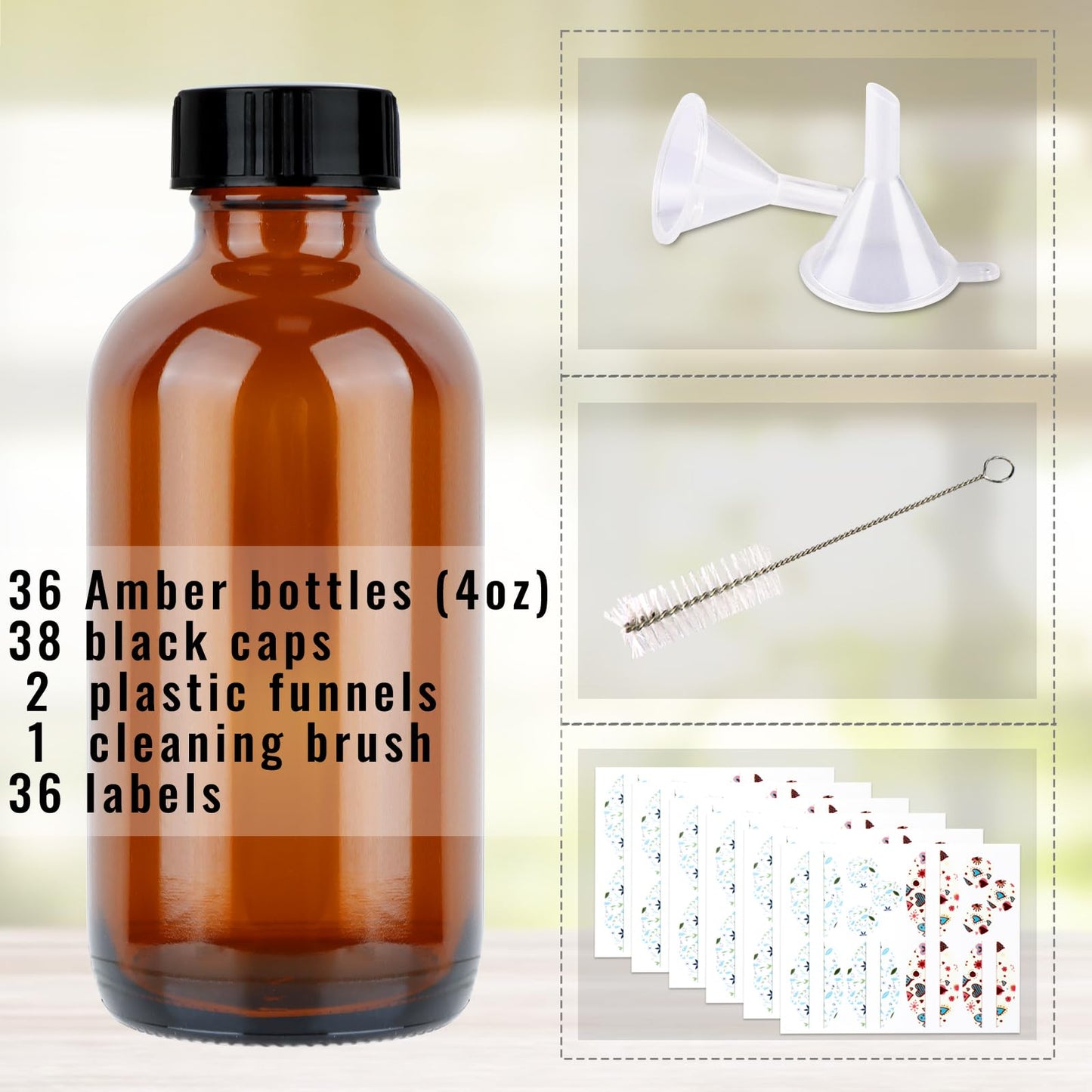 PINIWON 36 Pack 4 oz Amber Glass Bottles, 120ml Boston Round Sample Bottles with Black Poly Cone Caps, Labels, Funnels and Brush