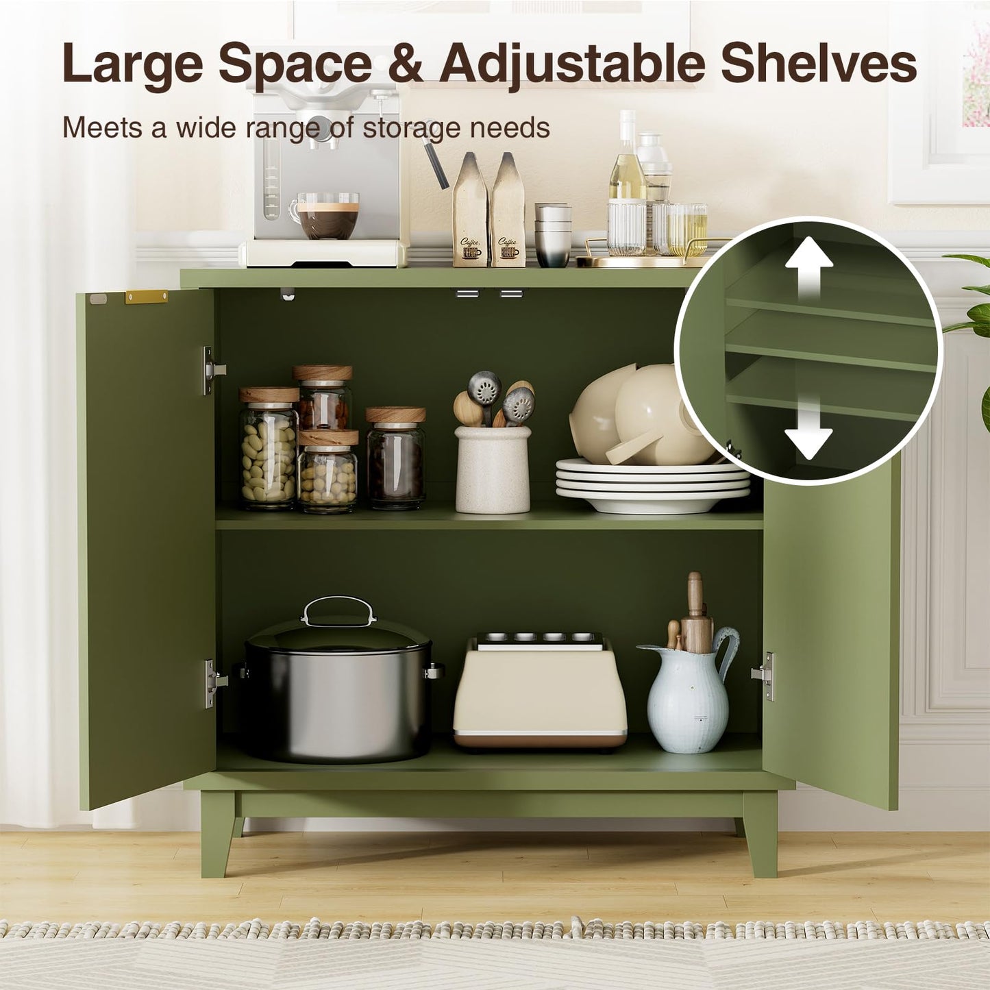 Fluted Cabinet with Storage, 2 Doors Sideboard Buffet, Mid Century Modern Accent Cabinet with Adjustable Shelves, Multifunctional Console Table with Storage for Living Room, Kitchen, Entryway, Green