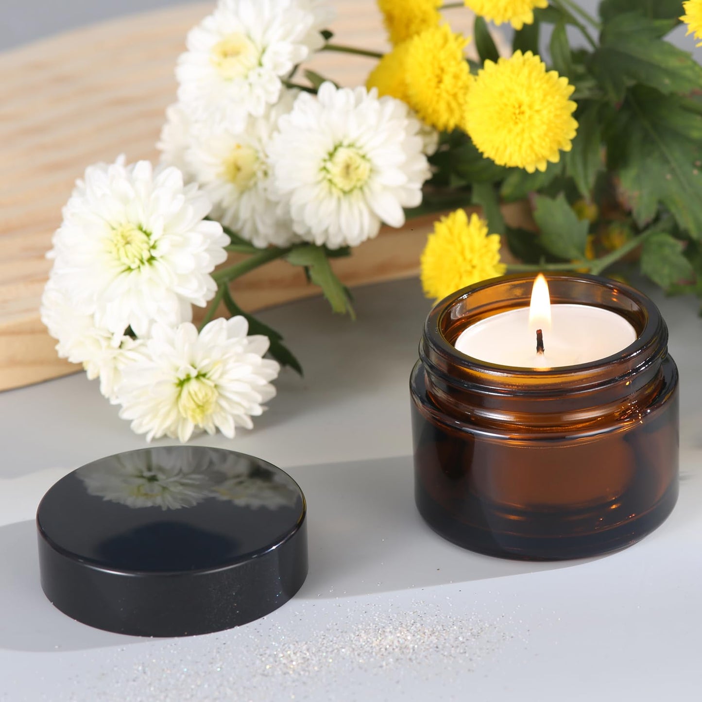 OverNews 2oz Amber Glass Jar Travel Size, 45PCS Empty Cosmetic Lotion Container with Black Lid & Spatula, Small Mini Jar for Beauty (Amber)