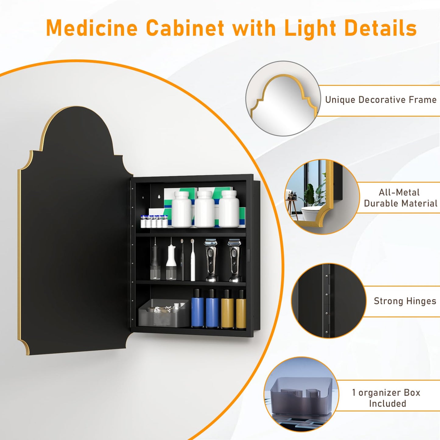 20"x32" Medicine Cabinet with Mirror, Recessed and Surface Mount Medicine Cabinets for Bathroom, Bedroom, Full Metal, Unique Art Arched Mirror with Storage, 2 Shelves and 1 Organizer Box, Bling Gold