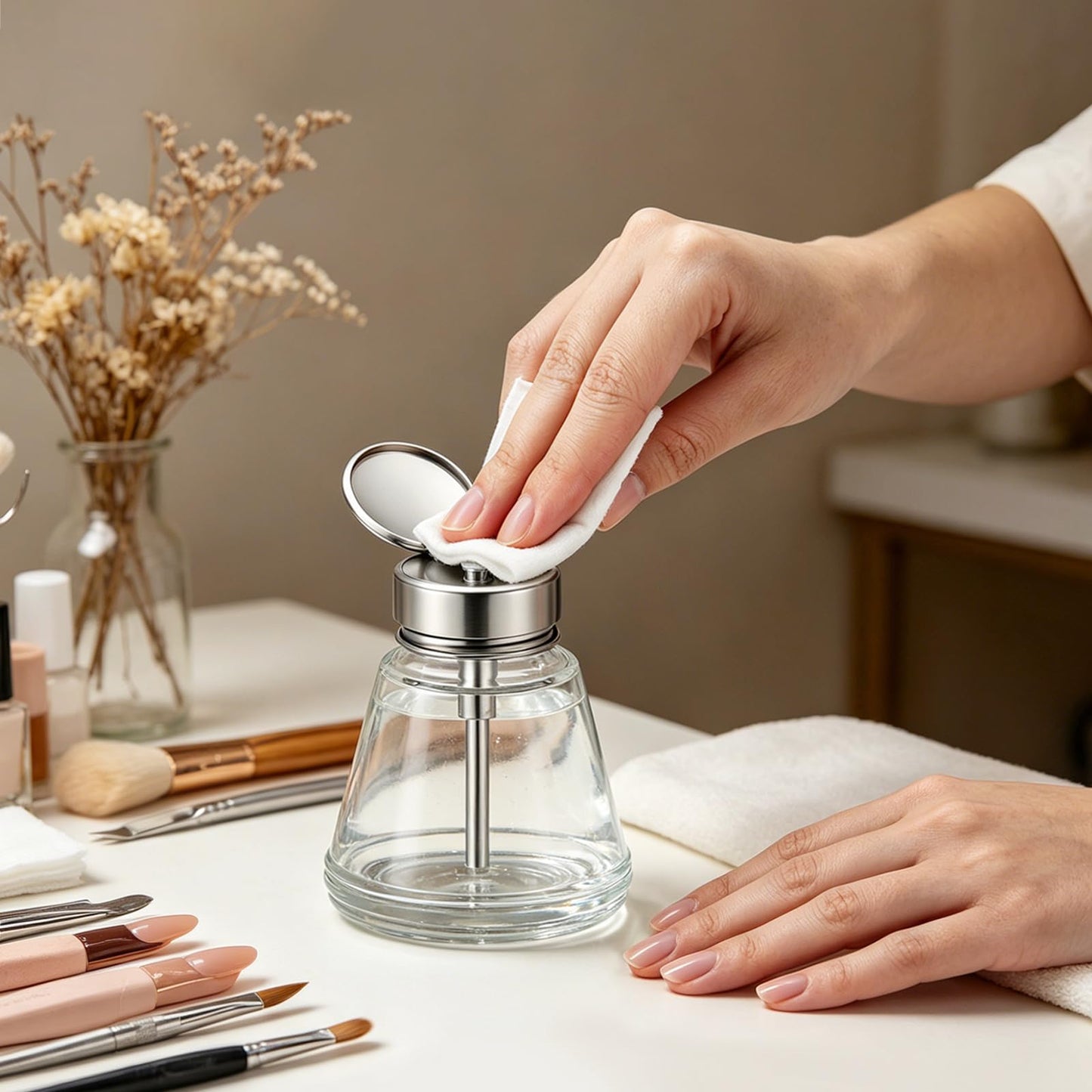 2 PCS 6Oz / 180ml Glass Acetone Pump Dispenser, Cone Alcohol Dispenser Push Down Nail Bottle Pump for Makeup, Acetone Bottle Dispenser for Nail Polish Remover Push Down Pump Dispenser w/Flip Top Cap