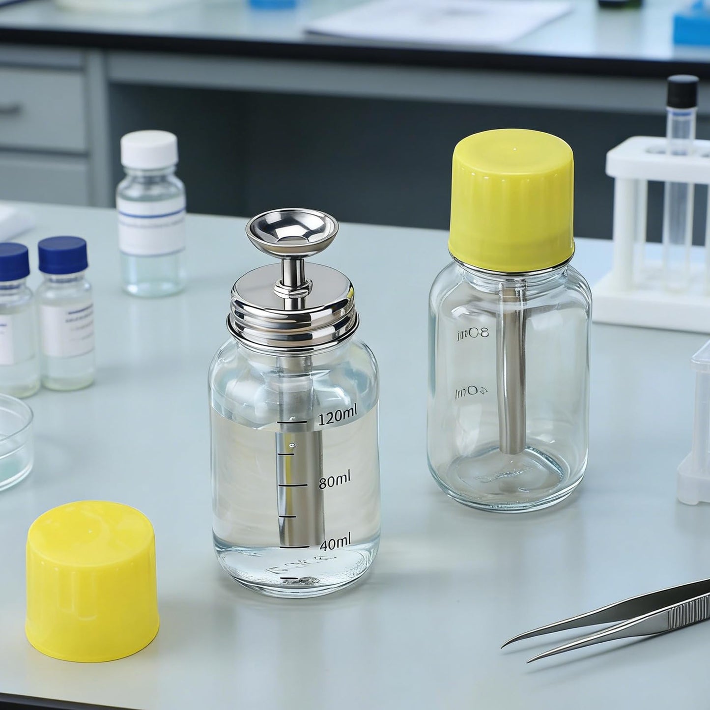 2Pcs 4Oz / 120ml Glass Dispensing Bottles for Chemical & Industrial Liquids, Nail Polish Remover Glass Bottle, Refillable Push Down Dispenser Bottle with Cover, Pump Dispenser Press Container, Clear
