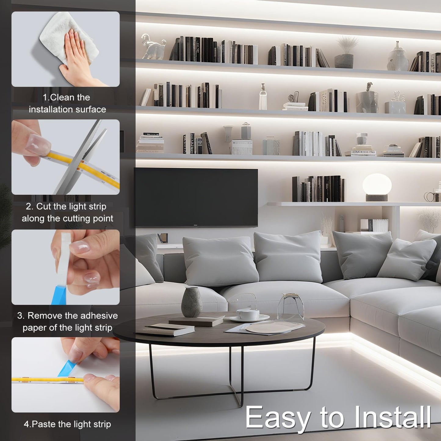 ZSLAIFU 24V COB LED Strip, LED Strip for Bedroom, Touch Dimmable LED Strips, White LED Light Strip, COB Flexible Light for Bedroom Cabinet Vanity Mirror DIY Lighting