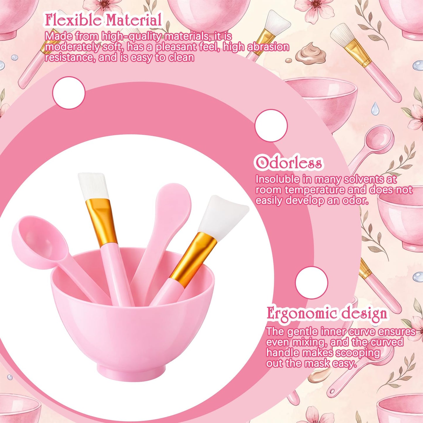Ferrochef 6 Sets Face Mask Mixing Bowl Set, 30 Pcs 5 in 1 DIY Tool Kit with Facial Mask Bowl Stick Spatula Silicone Soft Brush Smooth Pink Facial Brushes