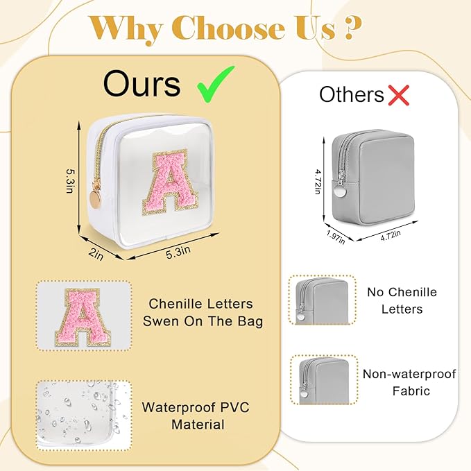 Personalized Initial Letter Clear Preppy Makeup Bag,Mini Nylon Chenille Letter Cosmetic Bag Cute Zipper Pouch Purse for Teen Girls,Portable TSA Approved Beach Travel Essentials Bag Gift for Women,S