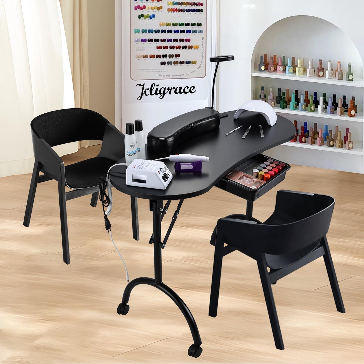 Joligrace Professional Foldable & Portable Manicure Table Nail Technician Desk Workstation with Rolling Wheels Large Drawer Client Wrist Pad Free Carrying Bag Travel Nail Tech Spa Beauty Table, Black