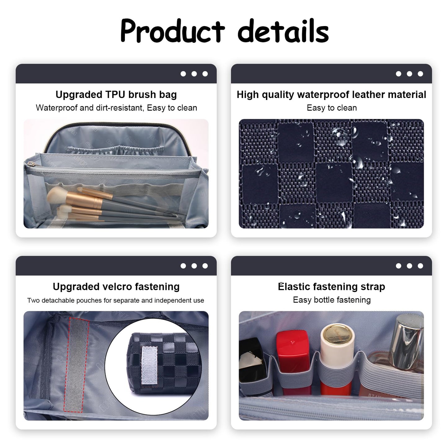 BOYATU Travel Makeup Bag Organizer: 3 Pcs Set Large Capacity Cosmetic Bags Holds 10–20 100ml Full-Size Bottles - 180°Open-Flat Make up Case 3-sec touch-up - Toiletry Bag Gift women (03-A-Dark Blue)