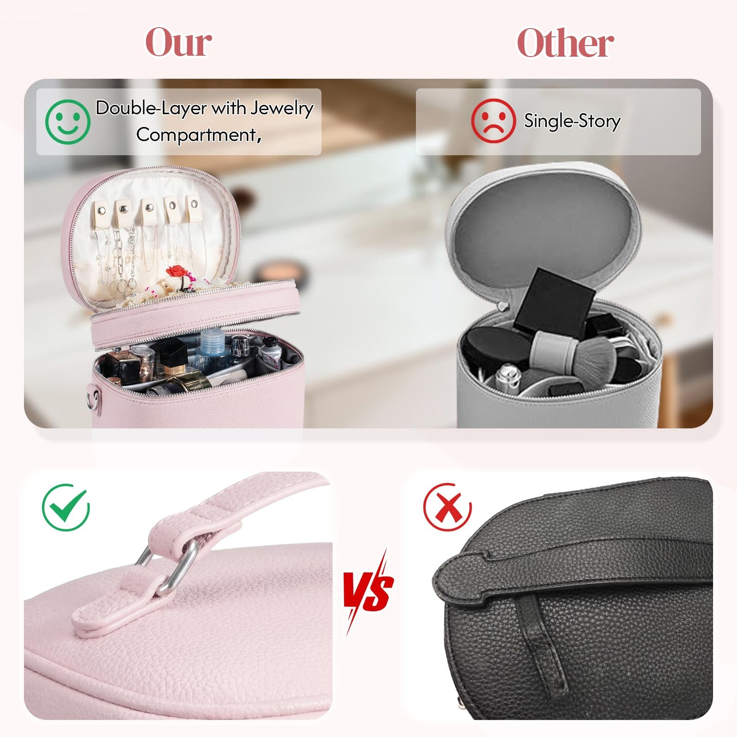 cysiyu Leather Makeup Bag Organizer Double Layer Vanity Bag Large Capacity with Compartments and Handle Travel Portable Storage Crossbody Cosmetic Jewelry Case for Women. Pink
