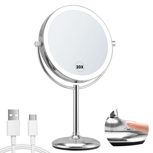 VORREMIRR 9" Large Lighted Makeup Mirror with Magnification 20X/1X, Magnifying Mirror with Base Charging and Switch, Rechargeable Vanity Mirror with 3 Color Dimmable Lights for Dresser, Bathroom