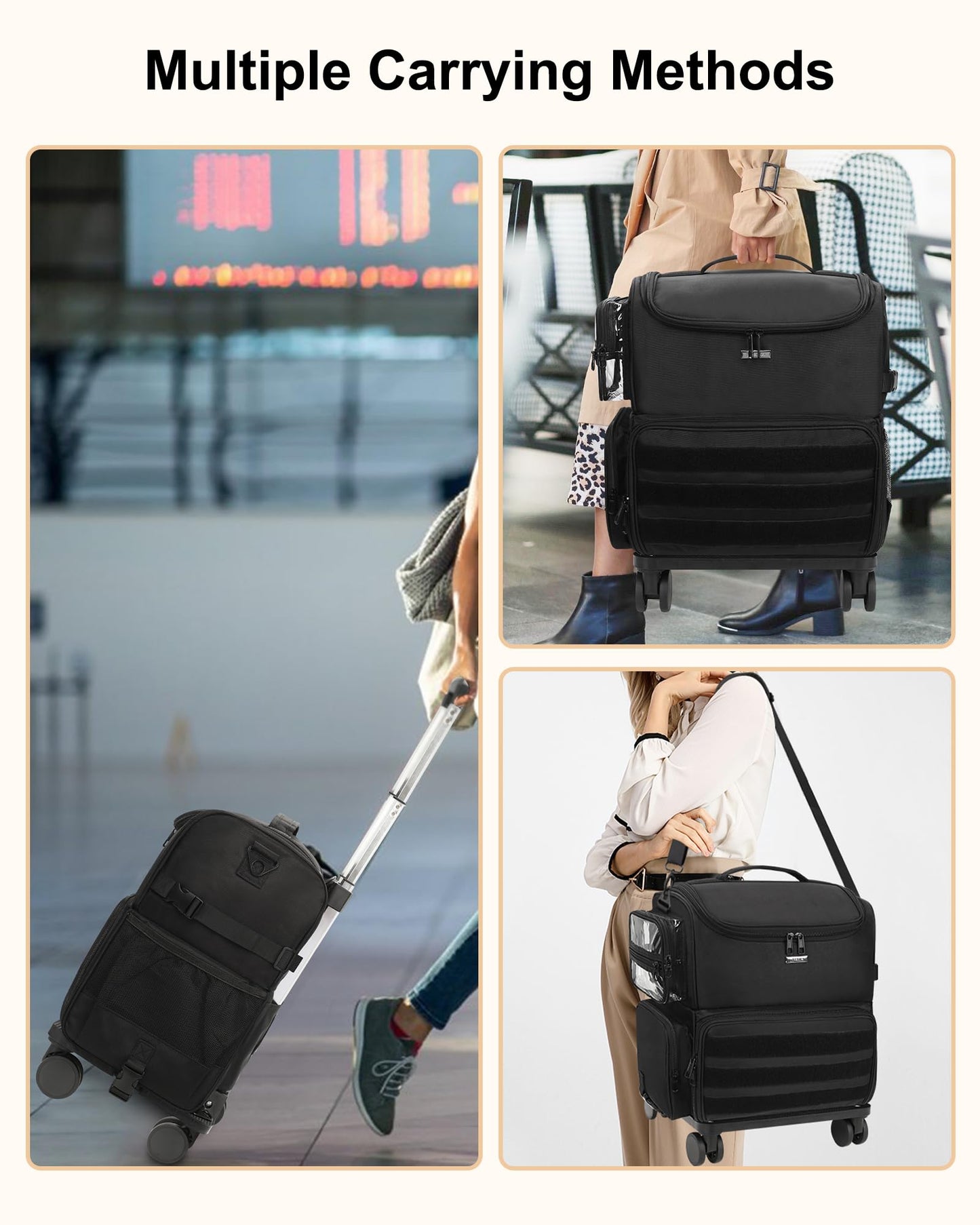 Relavel Rolling Makeup Train Case, Cosmetology Case on Wheels with 4 Clear Bags and Clear Makeup Bag, Professional Makeup Artist Set Bags Organizer with 360° Spinner Wheels