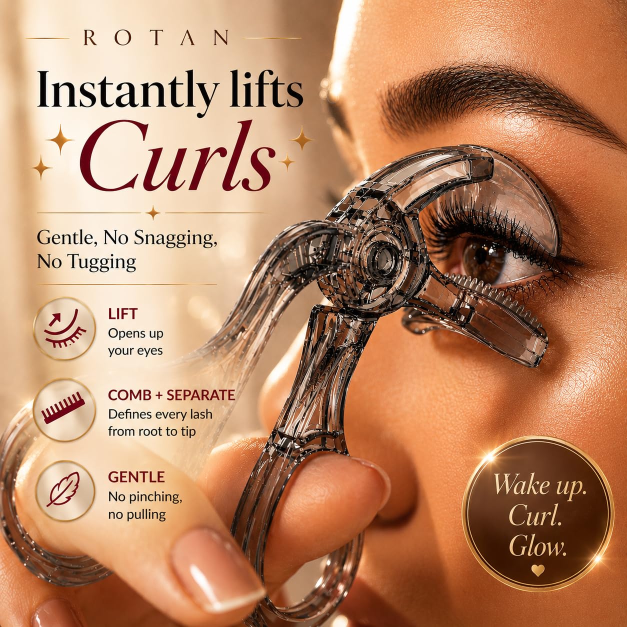 ROTAN Eyelash Curler PRO with Built-in Comb – Lash Separator for Natural Lift & Separation, Clump-Free No-Pinch Design, Precision Eye Makeup Tool