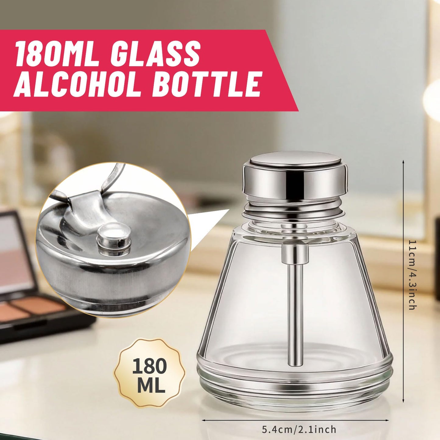 2 Pcs 6 Oz/ 180 ml Clear Pump Dispenser Bottle with Metal Flip Cover Glass Nail Polish Remover Push Down Dispenser Bottle Refillable Push Down Pump Dispenser Press Container for Makeup Remover