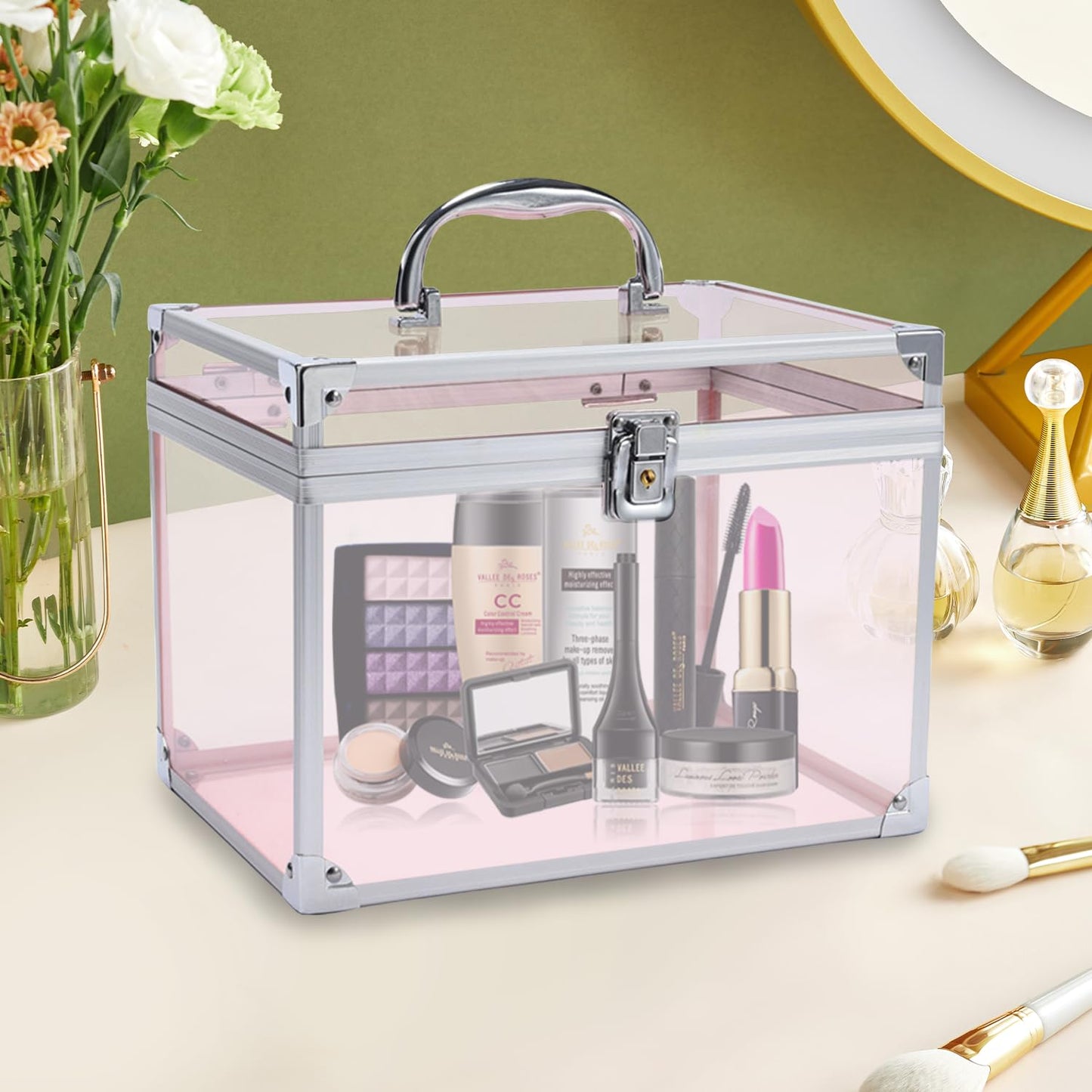 Crown Box, Clear Cosmetic Case, Acrylic Artists Display Case, Toiletry Train Case with Latches & Handle Large Capacity Acrylic Travel Makeup Tools Box for Vanity Dresser Bathroom Counter (Silver-Pink)