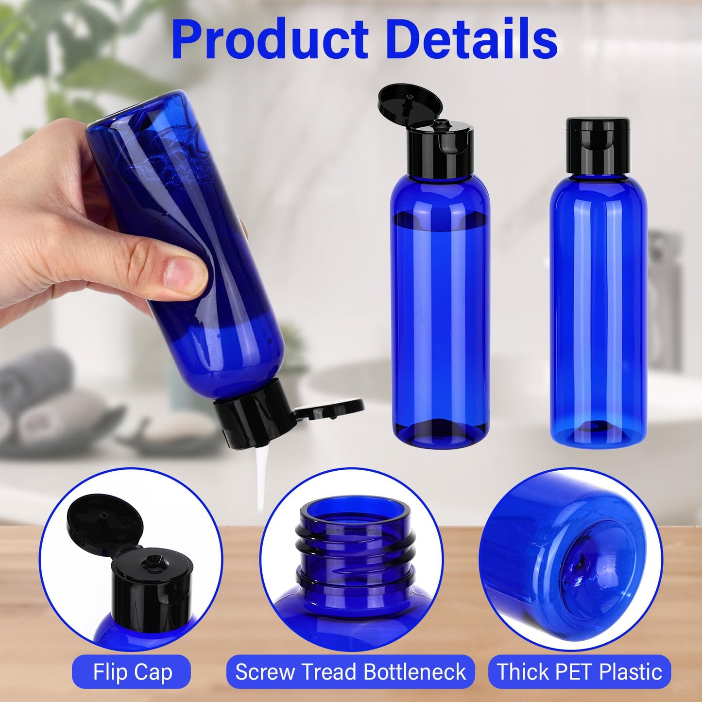 Mimorou 50 Pcs Plastic Squeeze Bottle with Cap Empty Amber Refillable Container Small Travel Toiletry Bottle for Lotion Shampoo Oil Body Soap Creams (Flip-top Lid,4oz,Blue/black)