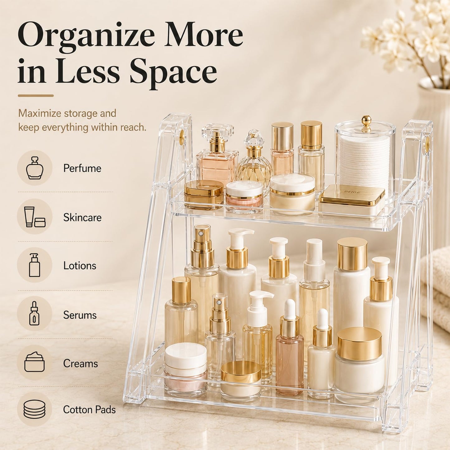 UFORU Clear Acrylic Bathroom Counter Organizer, 2-Tier Foldable Perfume Organizer Shelf for Makeup, Skincare, Beauty Products, Vanity, Dresser, Bedroom and Desk