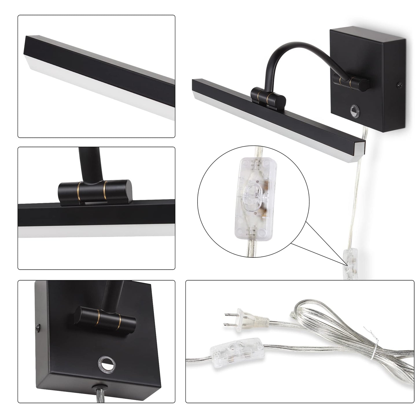 MantoLite 15inch LED Dimmable Bathroom Vanity Wall Light Fixture, 6000K 8W Cabinet Picture Lights, Black Make-up Mirror Front Light Ajustable Arm Bedside Reading Lamp, Pulg in Display Wall Sconce