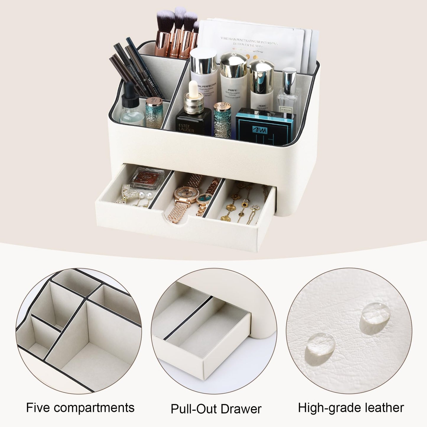 KINGFOM PU Leather Makeup Organizer with Drawer, Skincare Organizer for Vanity, Cosmetic Storage for Dresser Countertop, Beauty Holder for Lipstick Brush Skincare (Ivory White)