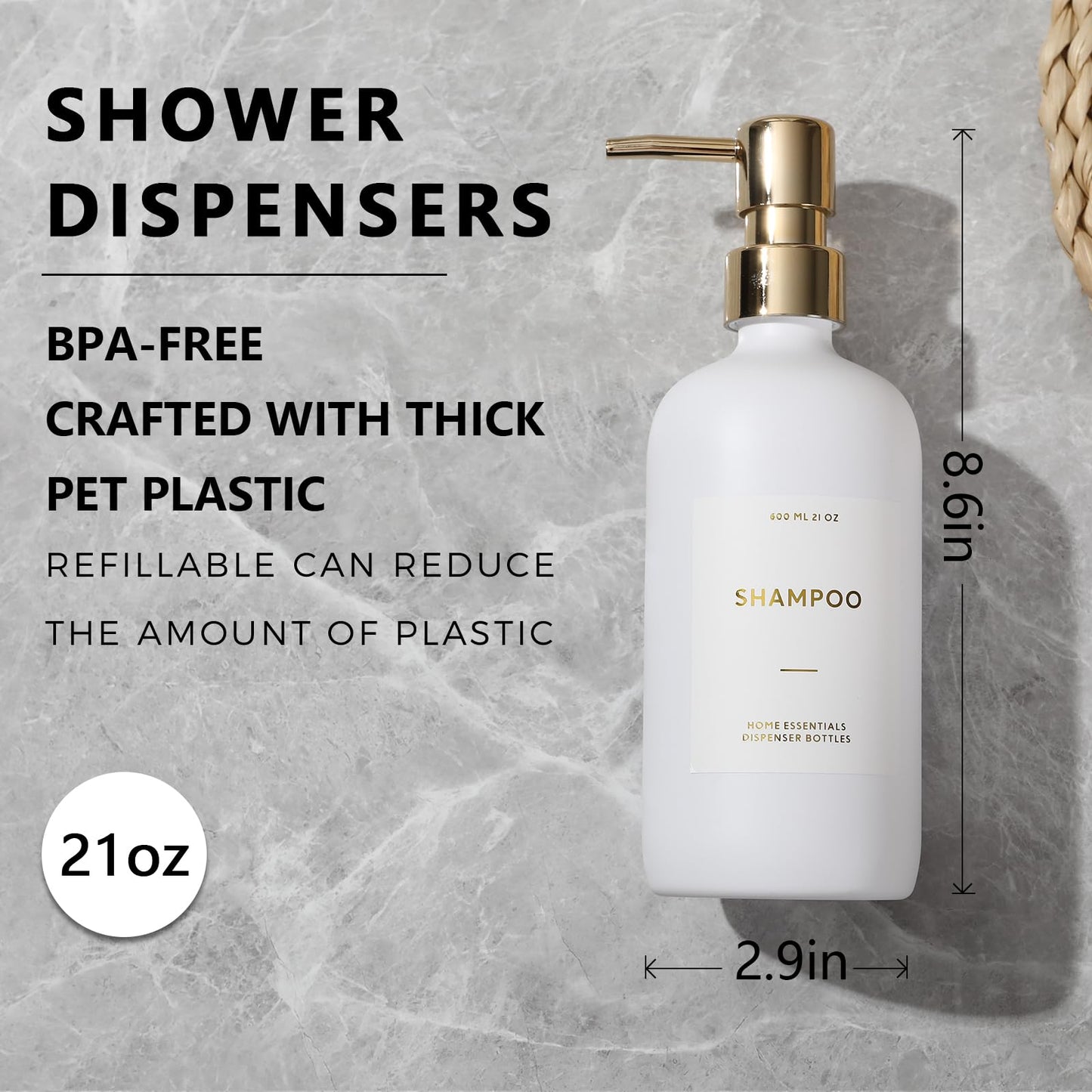 HOMCDALY Shampoo and Conditioner Dispenser, 21oz 3-Pack Refillable Pump Bottles, Shampoo Container, Empty Pump Bottle, Bathroom Shower Dispenser（21oz-White&Gold）