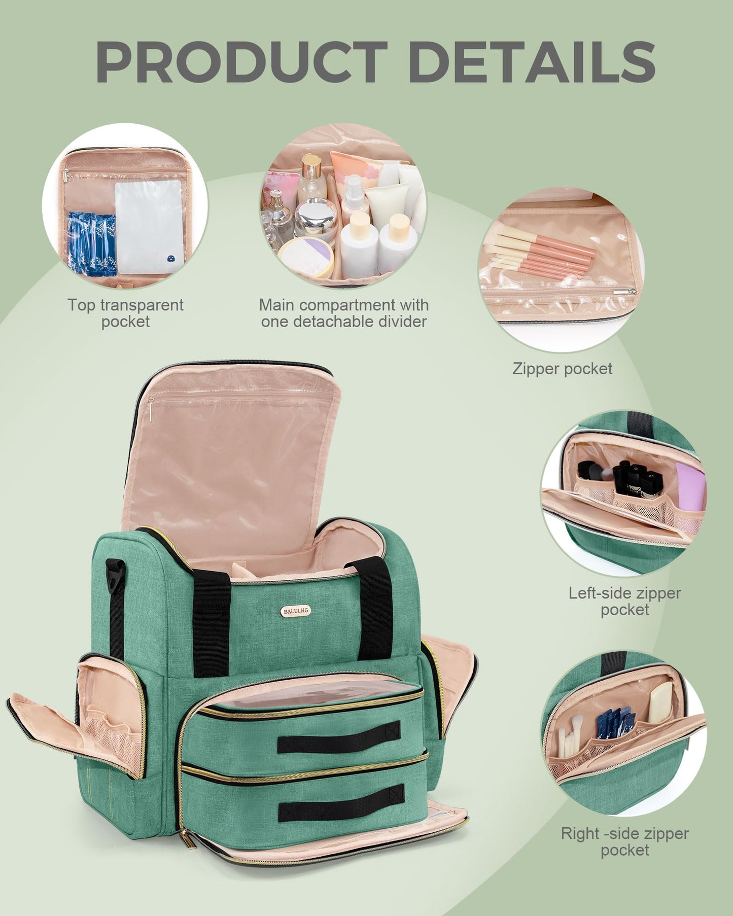 BALULHG Large Travel Makeup Bag with 2 Removable Cases, Cosmetic Bag with Multiple Storage Sections, with Multiple Storage Sections,Double Layer Big Travel Make Up Organizer Case,Travel Toiletry Bag