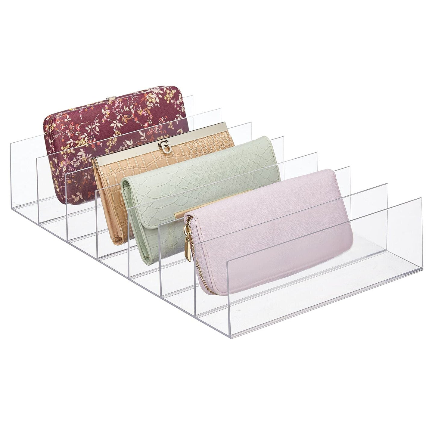 mDesign Plastic Divided Clutch Organizer for Closets, Bedrooms, Dressers - Closet Shelf Storage Solution for Purses, Wallets, Bill Folds, and Accessories, 7 Sections, Lumiere Collection, 2 Pack, Clear