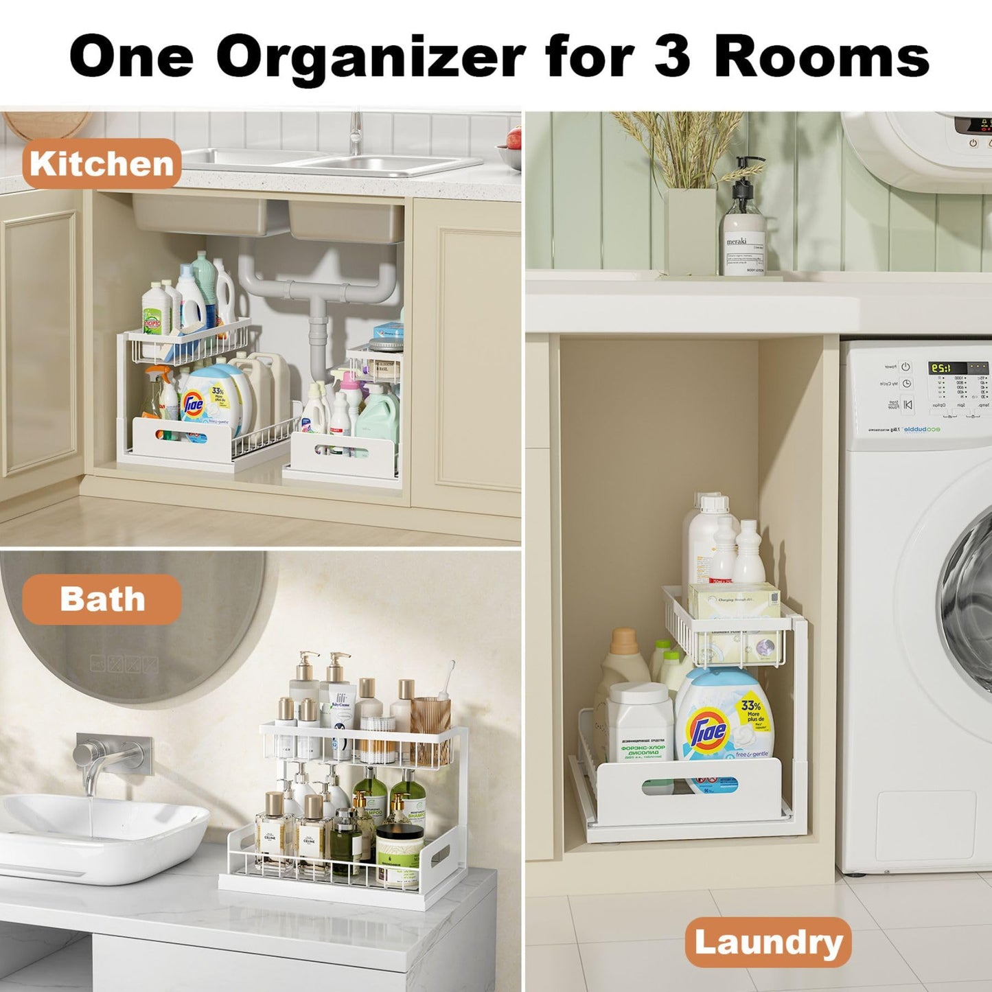 REALINN Under Sink Organizer, Pull Out Cabinet Organizer, 2 Tier Metal Slide Out Shelf with L Shaped Design for Kitchen, Bathroom, Laundry, and Utility Cabinet Storage for Deep Cabinets, White, 2 Pack