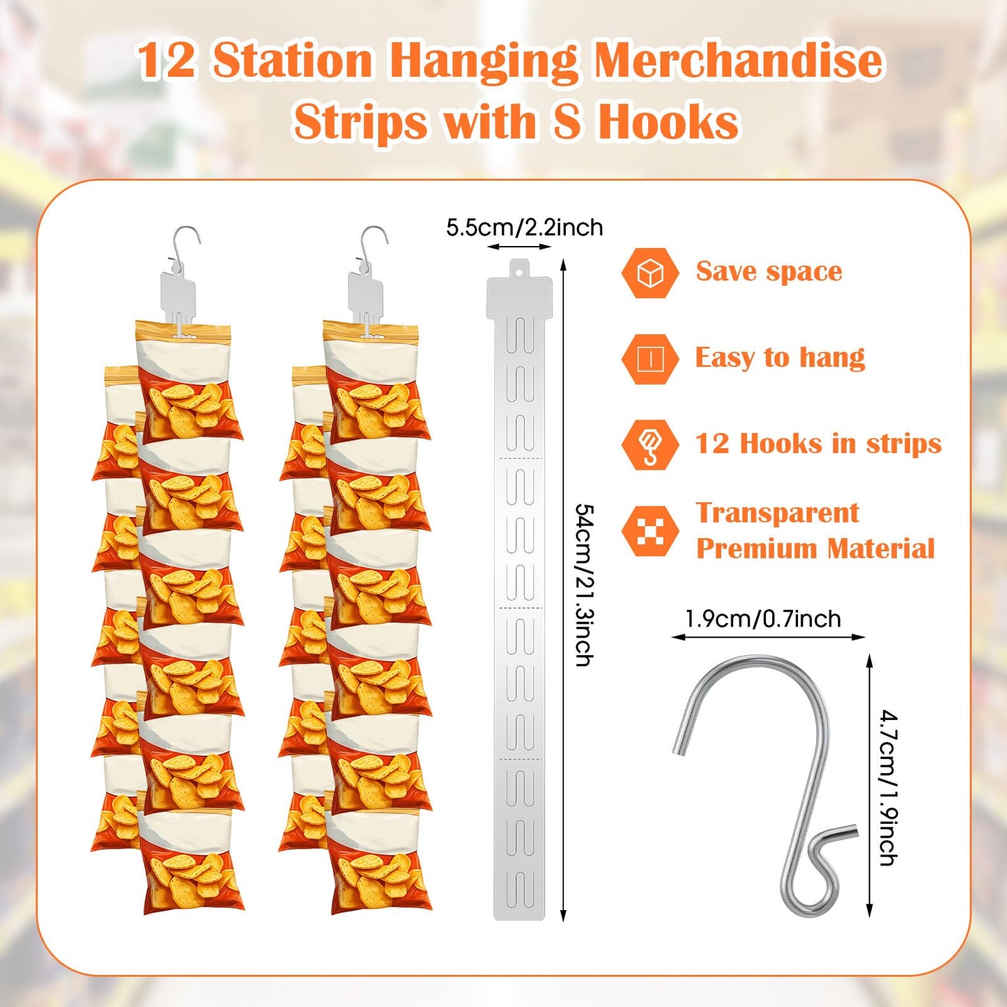 Tigeen 50pcs 12 Station Retail Hanging Merchandise Strips with S Hooks 21.3 Inch Plastic Display Strips with Removable Header Merchandise Display for Grocery Retail Store