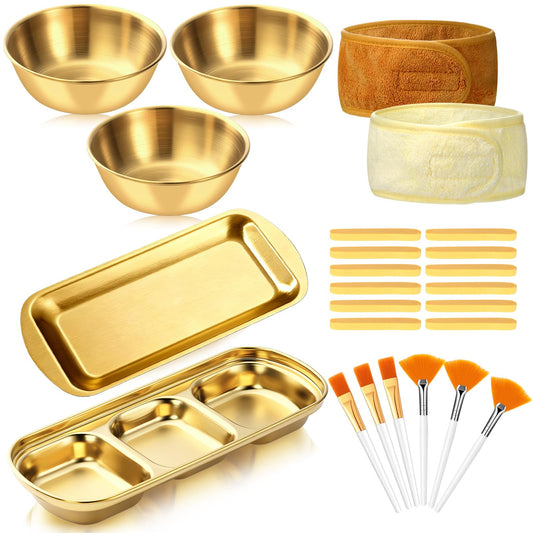 LemonRoad 25 Pcs Esthetician Facial Supplies Set, 3 Stainless Steel Mixing Bowls, 2 Serving Trays, 6 Brushes, 2 Hairbands, 12 Compressed Sponges for Women Facial Mask Spa Home Use(Gold)