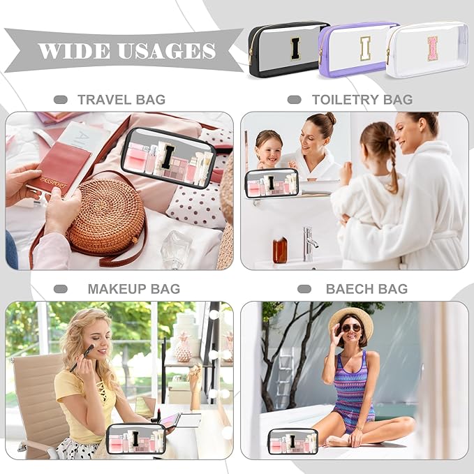 Personalized Initial Letter Clear Makeup Bag,Preppy Small Nylon&PVC Cosmetic Zipper Bag with Chenille Letter,Travel Skincare Toiletry Bag,Monogram Christmas Gift for Teen Girls Women,I