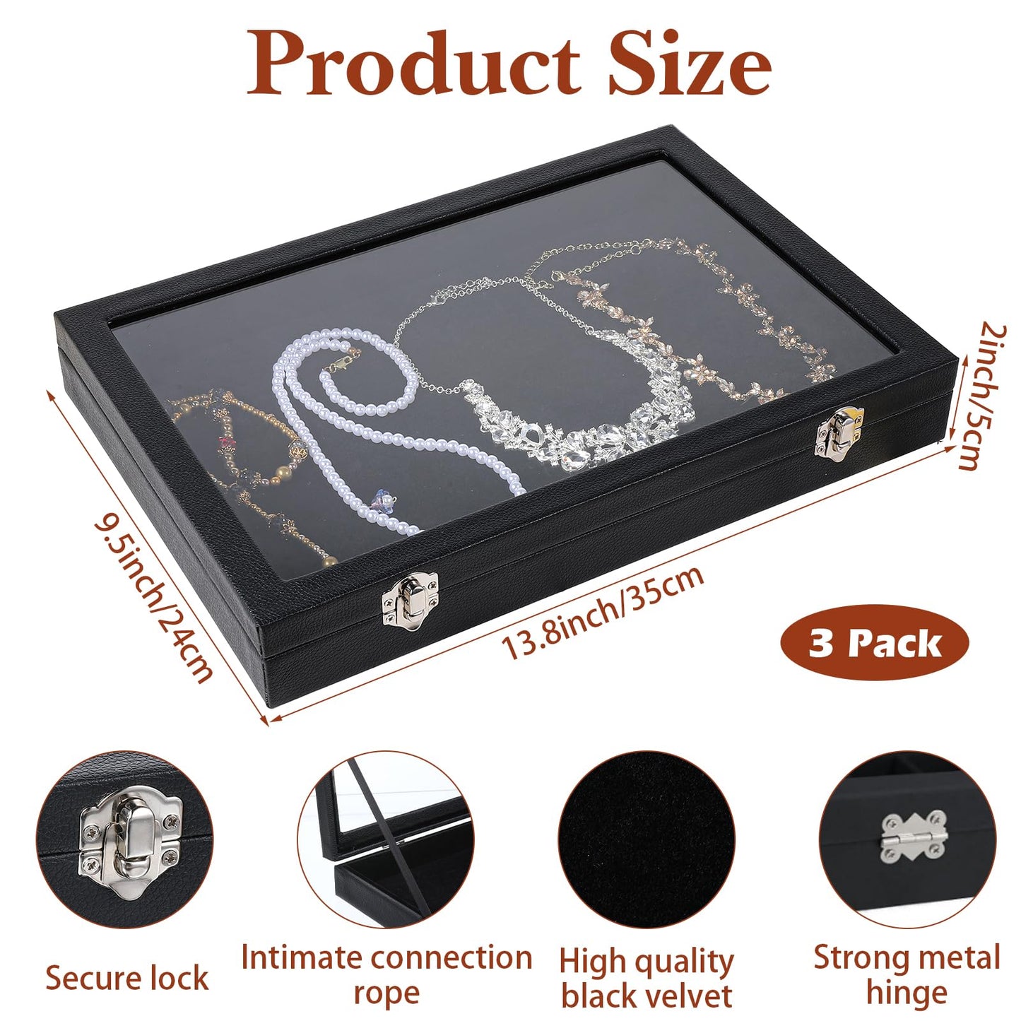 Leooomap 3 Pieces Jewelry Organizer Box, Black Velvet Blank Display Tray Case with Lid, 13.8 x 9.5 x 2 Inch Wooden Jewelry Display Case for Necklaces, Rings & Collectibles