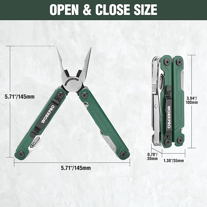 WORKPRO 18-in-1 Multi Tool Pliers, Gifts for Men, Stainless Steel EDC Multitool with Pocket Knife, 2 Safety Locks, Belt Clip and Oxford Pouch, Utility Multiuse Tool for Camping