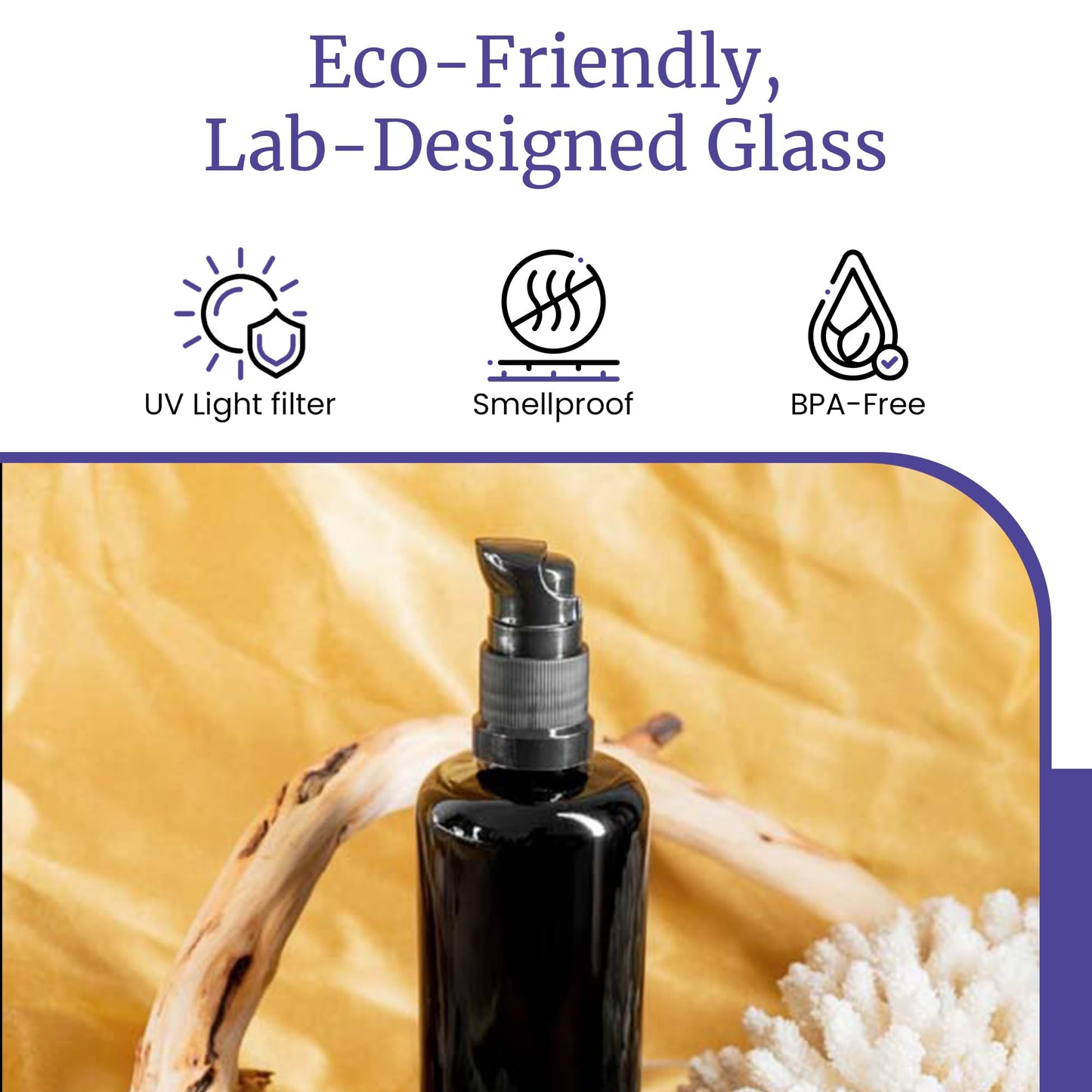 Infinity Jars Ultraviolet Glass Push Pump Bottle 100 Ml (3.4 fl oz) Refillable Containers for Lotion Homemade Cosmetics Make-up Skin Care Cream, Lotion, Shampoo, Conditioner Dispenser Bottles