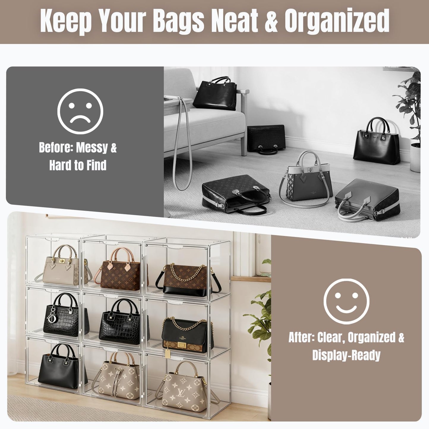 Cutora 15 Pack Acrylic Purse Organizer for Closet, Stackable Clear Handbag Storage Bins with Magnetic Doors, Display Case for Purses, Hats, Books, and Collectibles