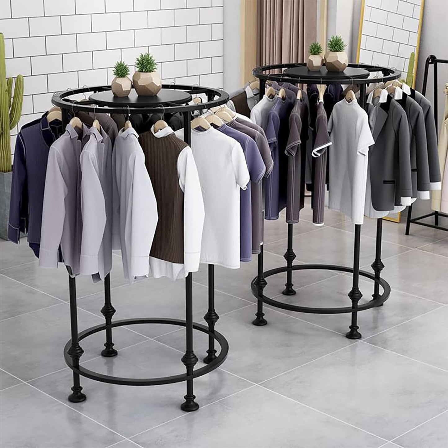 Freestanding Round Garment Display Retail Rack, Floor-Standing Double Space Multi-Purpose Metal Shelf for Clothes Storage, Commercial Clothing Organizer in Retail Boutiques (Black, 23.6"x 51.2")