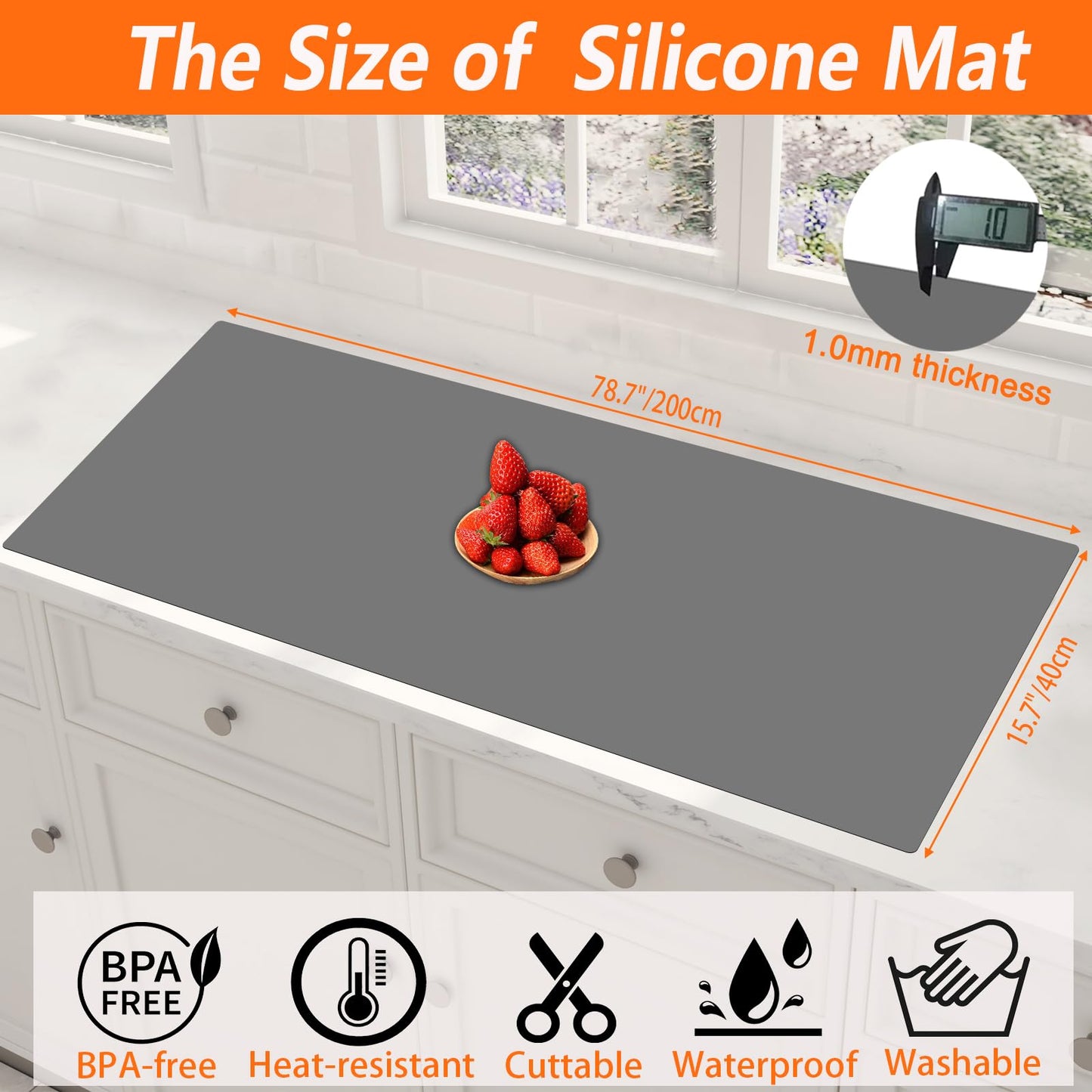 Large Silicone Placemat, 78.7''x15.7''(200cmx40cm) Extra Large Countertop Protector Mat, Heat Resistant Mat for Countertop with Non-Slip, Silicone Mats for Kitchen Counter/Crafts, Black