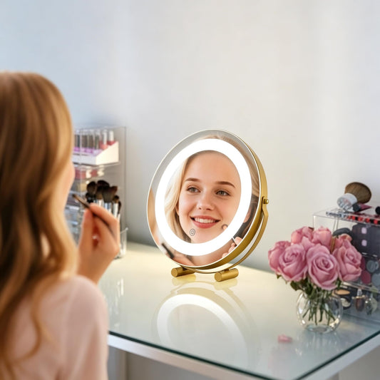 taotanra-Gold Makeup Mirror with controllable Color-Changing Light, Placed on the Table, 360° Rotation - Large Size