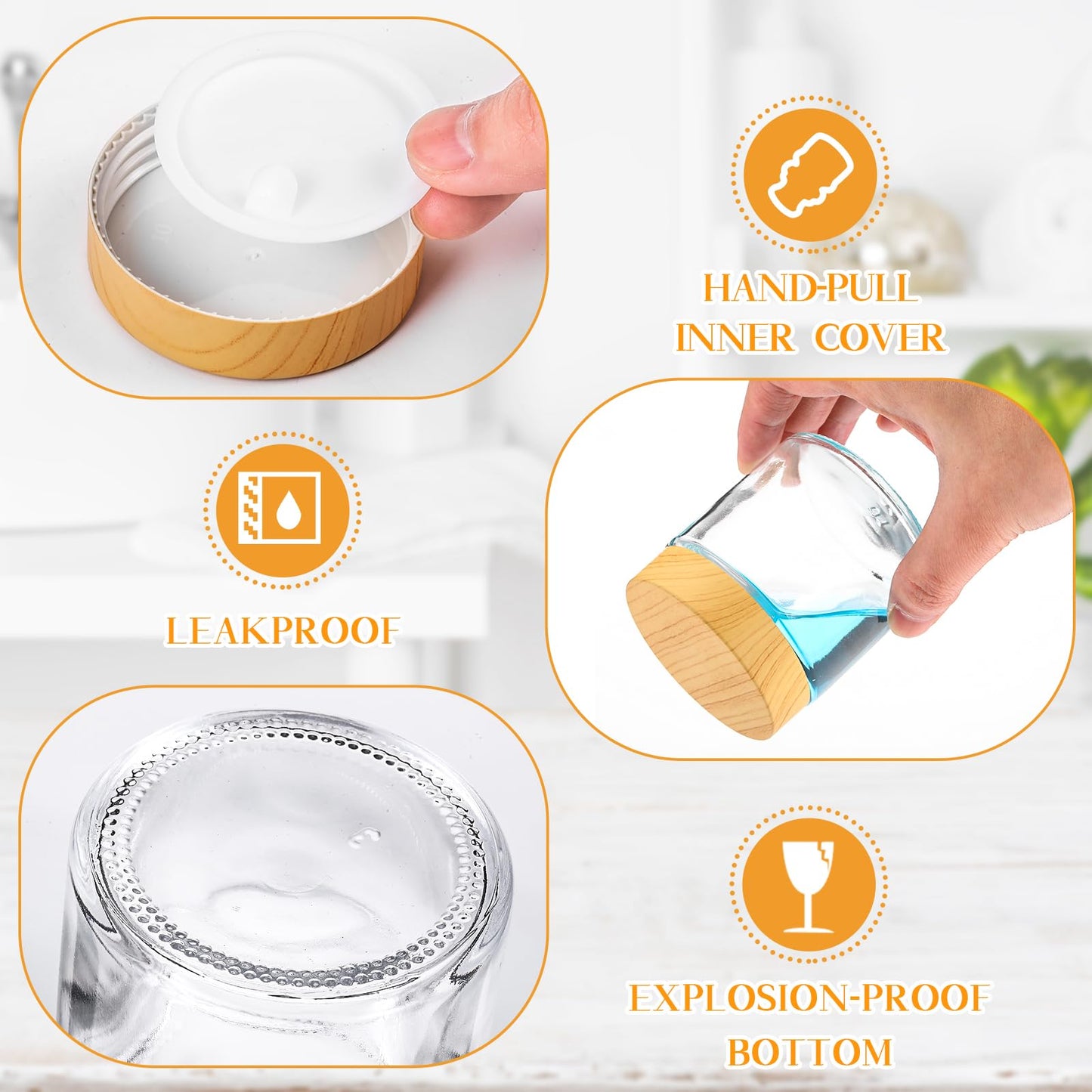 Norme 64 Pcs 4 oz Glass Jars with Lids Empty Small Glass Containers and Inner Liners Reusable Cosmetic Jars Round Airtight Bottles with Plastic Wood Grain Lids for Travel