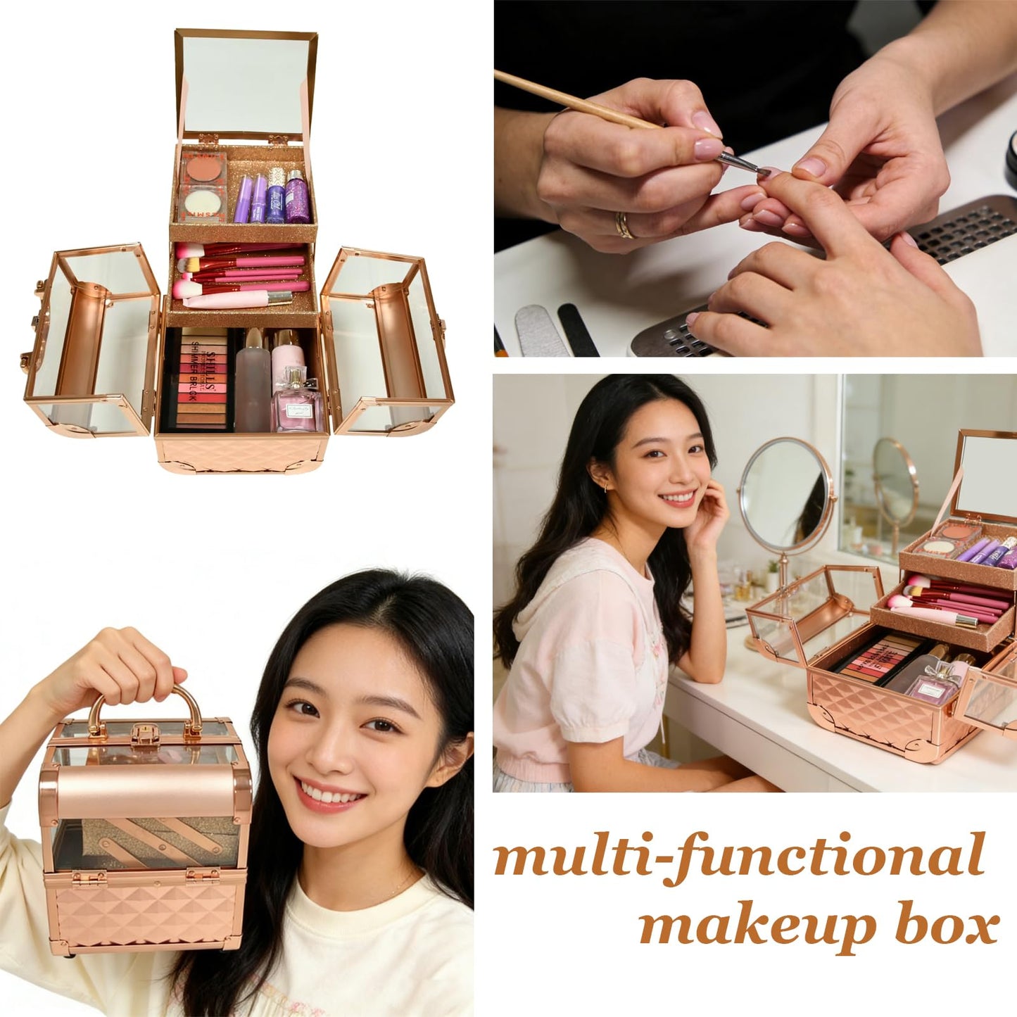 VETALLO Makeup Train Case Travel - Portable Cosmetic Storage Organizer Box Adjustable With 2 Trays, With Lock And Compartments,8.4 Inch Gold