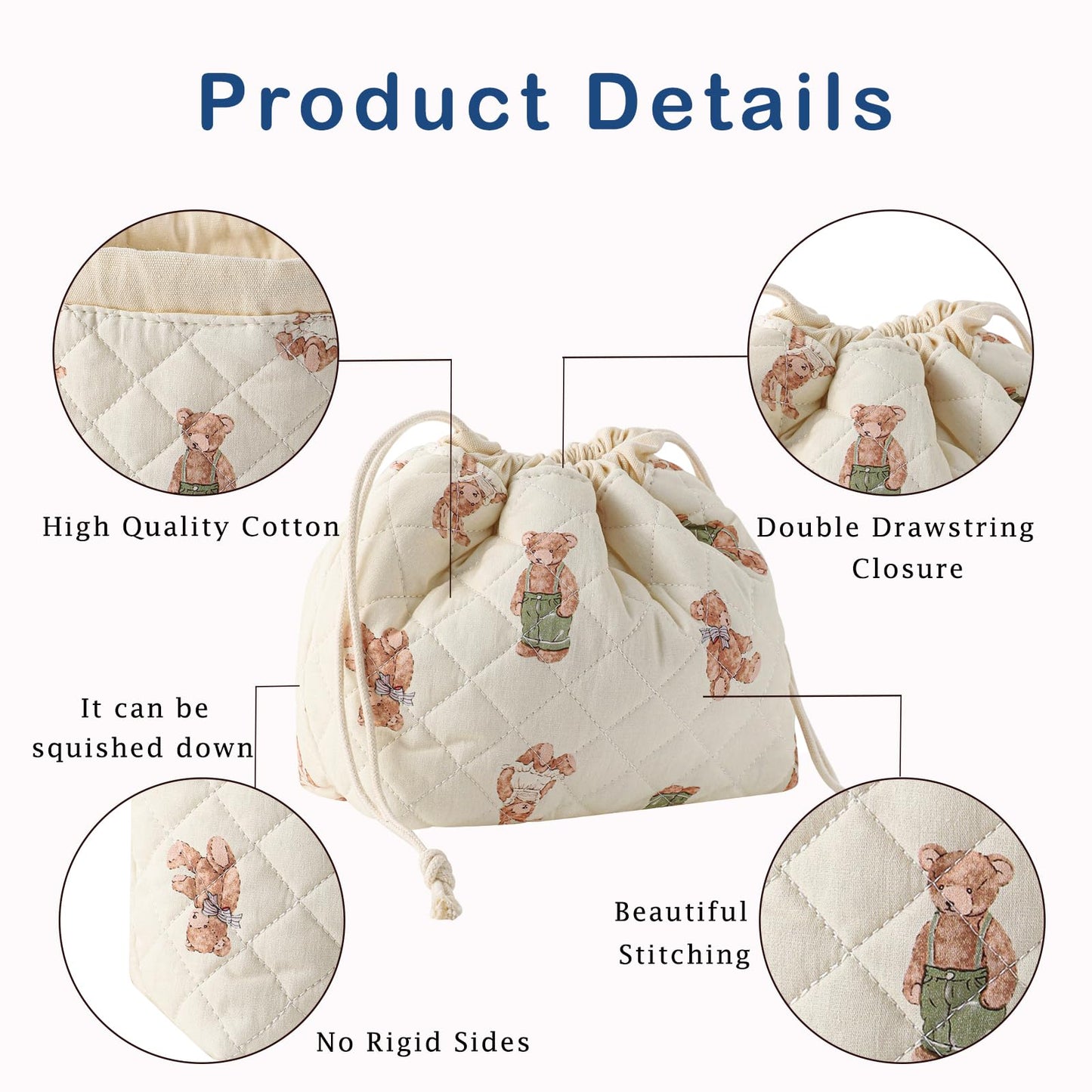 3pcs Large Cotton Quilted Makeup Bag Set,Coquette Aesthetic Cute Travel Toiletry Bag,Drawstring Gift Bag for Women and Girls(3Pcs White Bear)