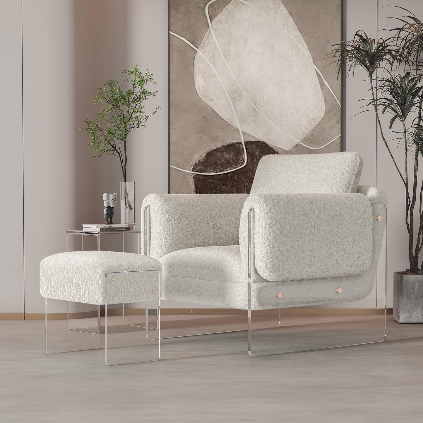 bitaycan Vanity Stool Chair and Pouf Ottoman-Modern Multifunctional Vanity Stool and Foot Rest with Wool and Acrylic Leg for Makeup Room, Living Room, Bedroom